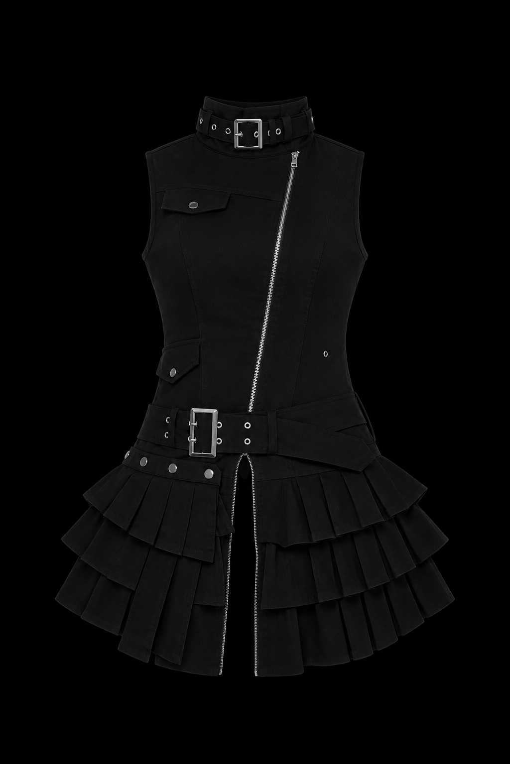 黒いジッパー付きスカートワンピース