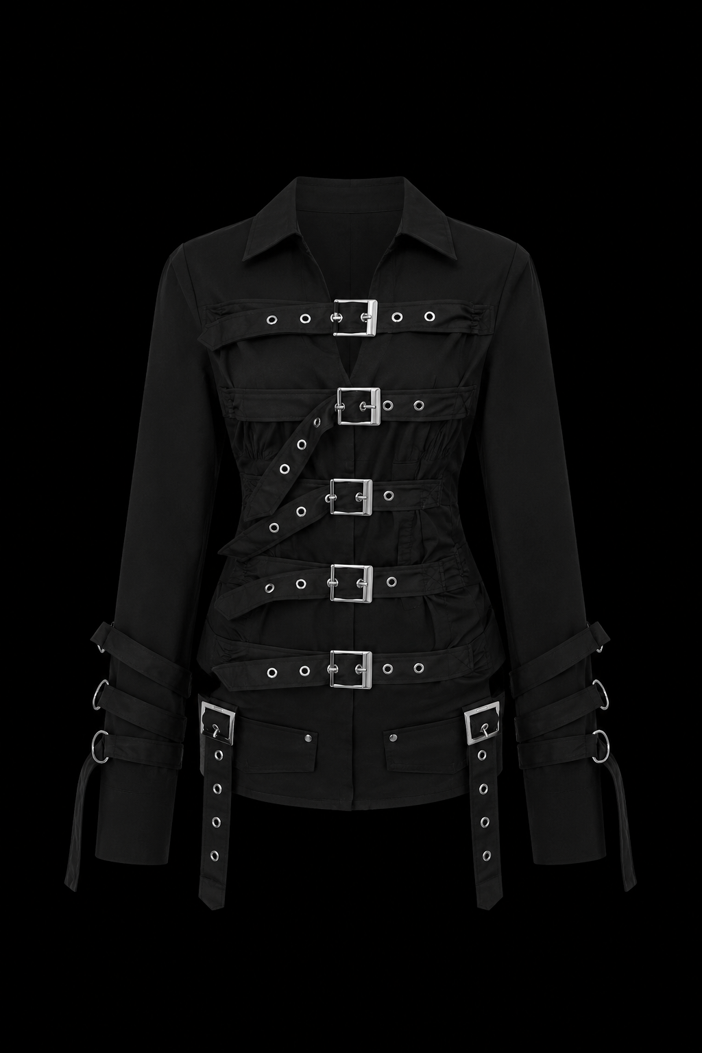 黒いバックル付きストレートジャケット