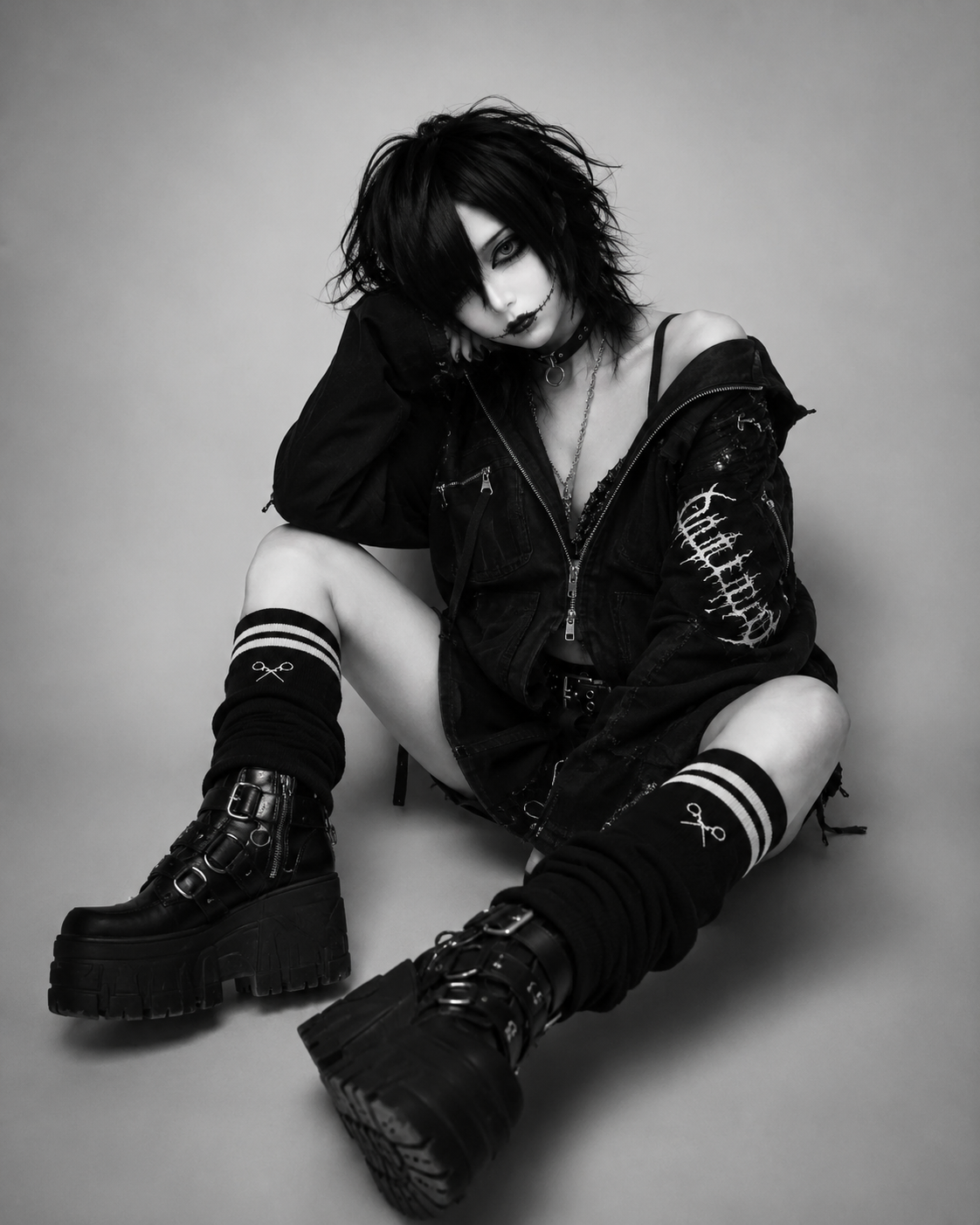 白い縞模様の黒いレッグウォーマー