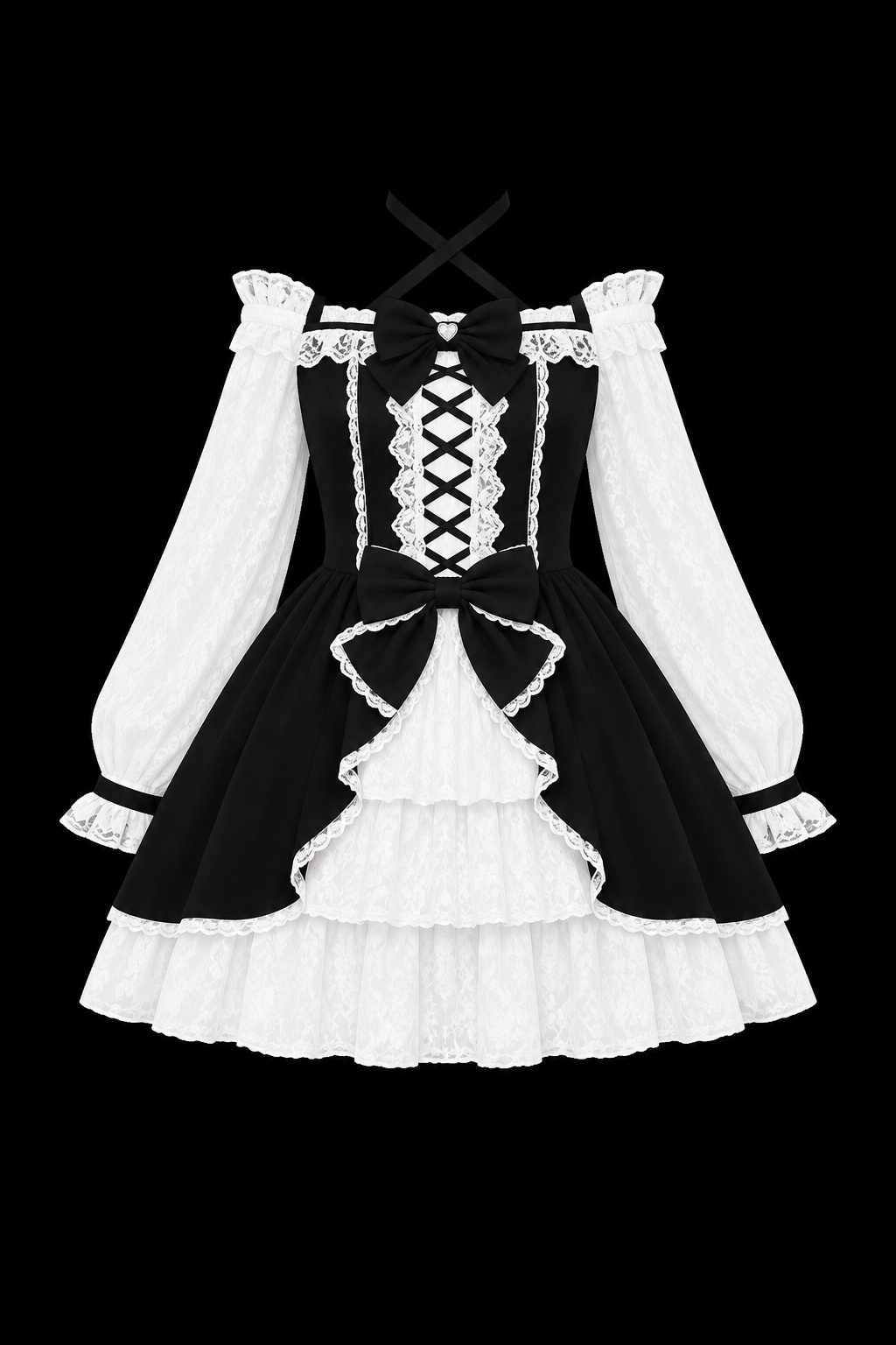 white and black bow long dress