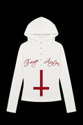 white and red upside down cross hoodie