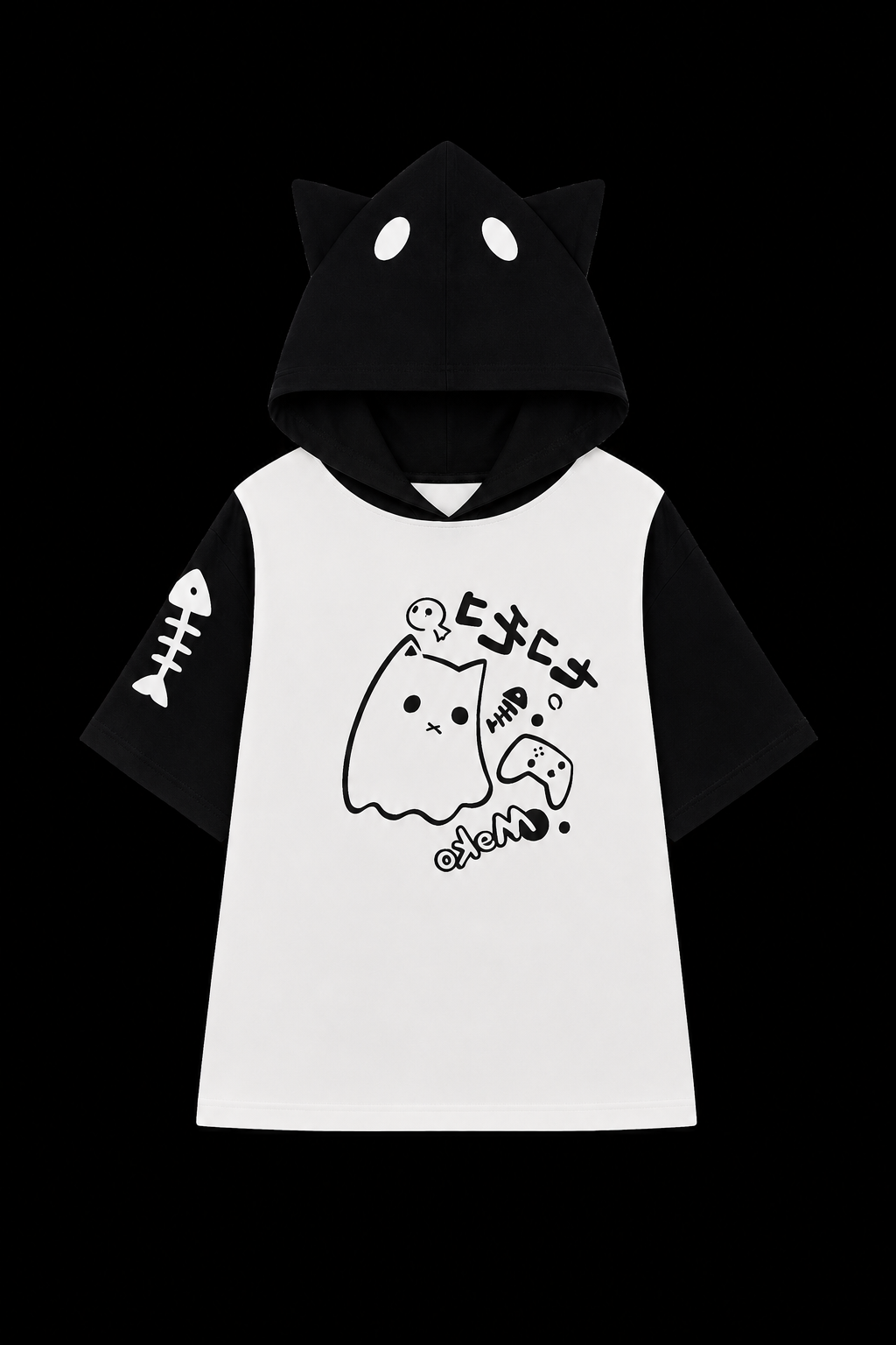 black sleeve white cute bone shirt