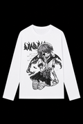 white shirt anime girl black words