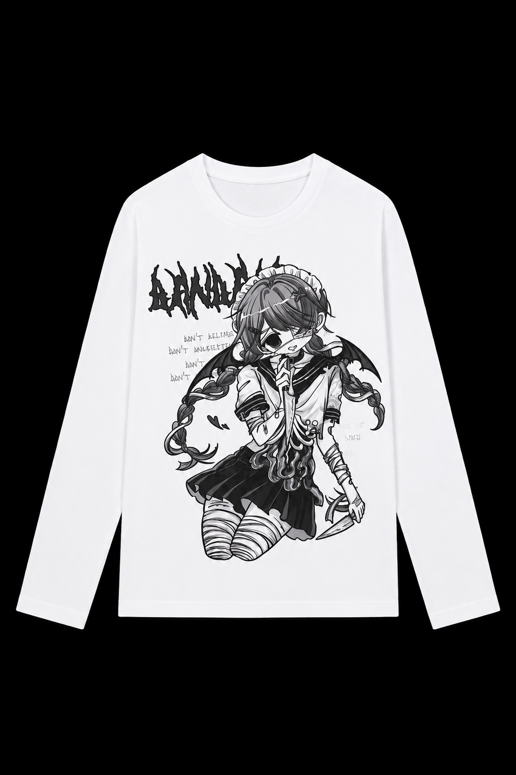 white shirt anime girl black words