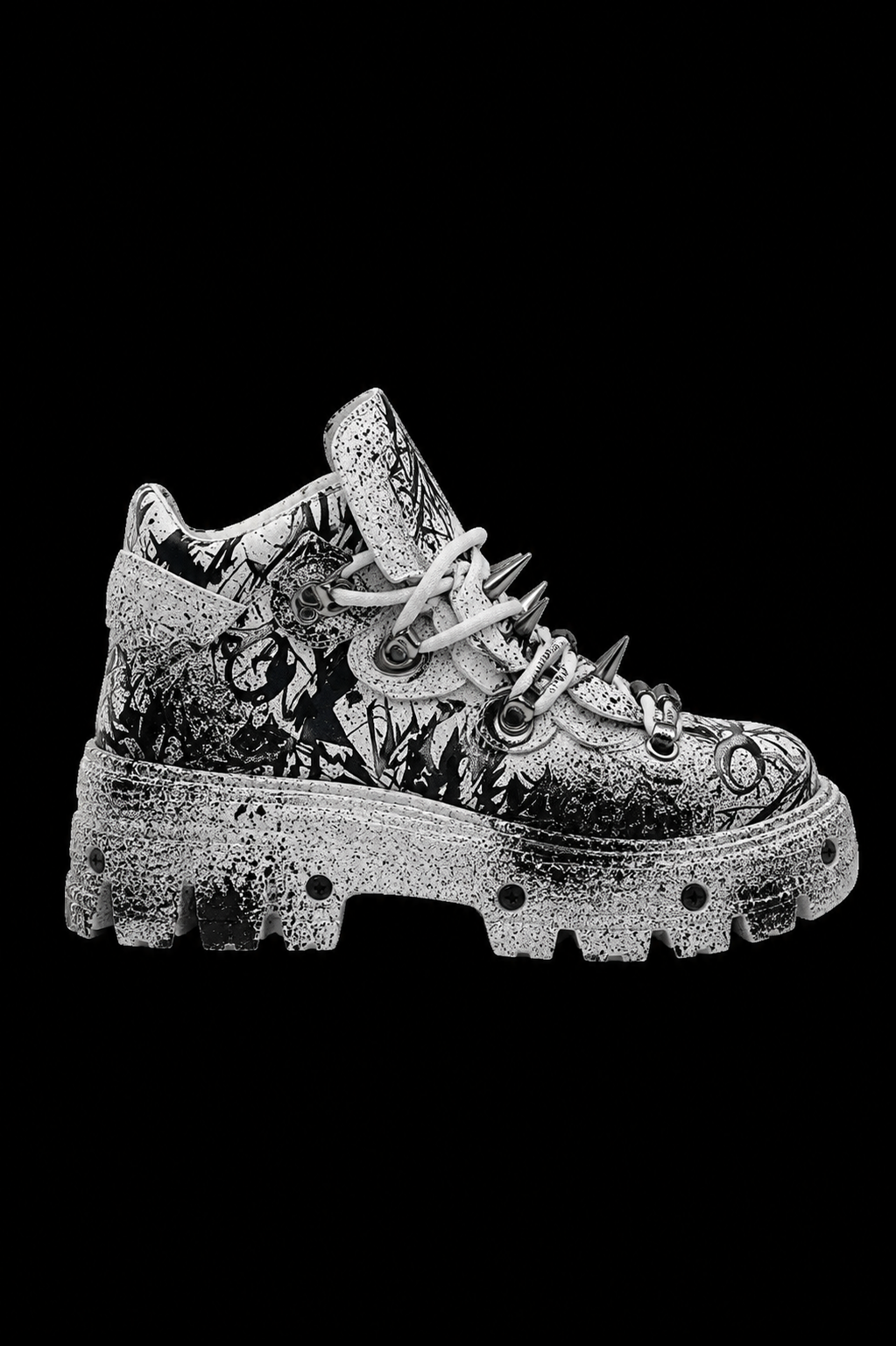 black and white spiked japanese shoes