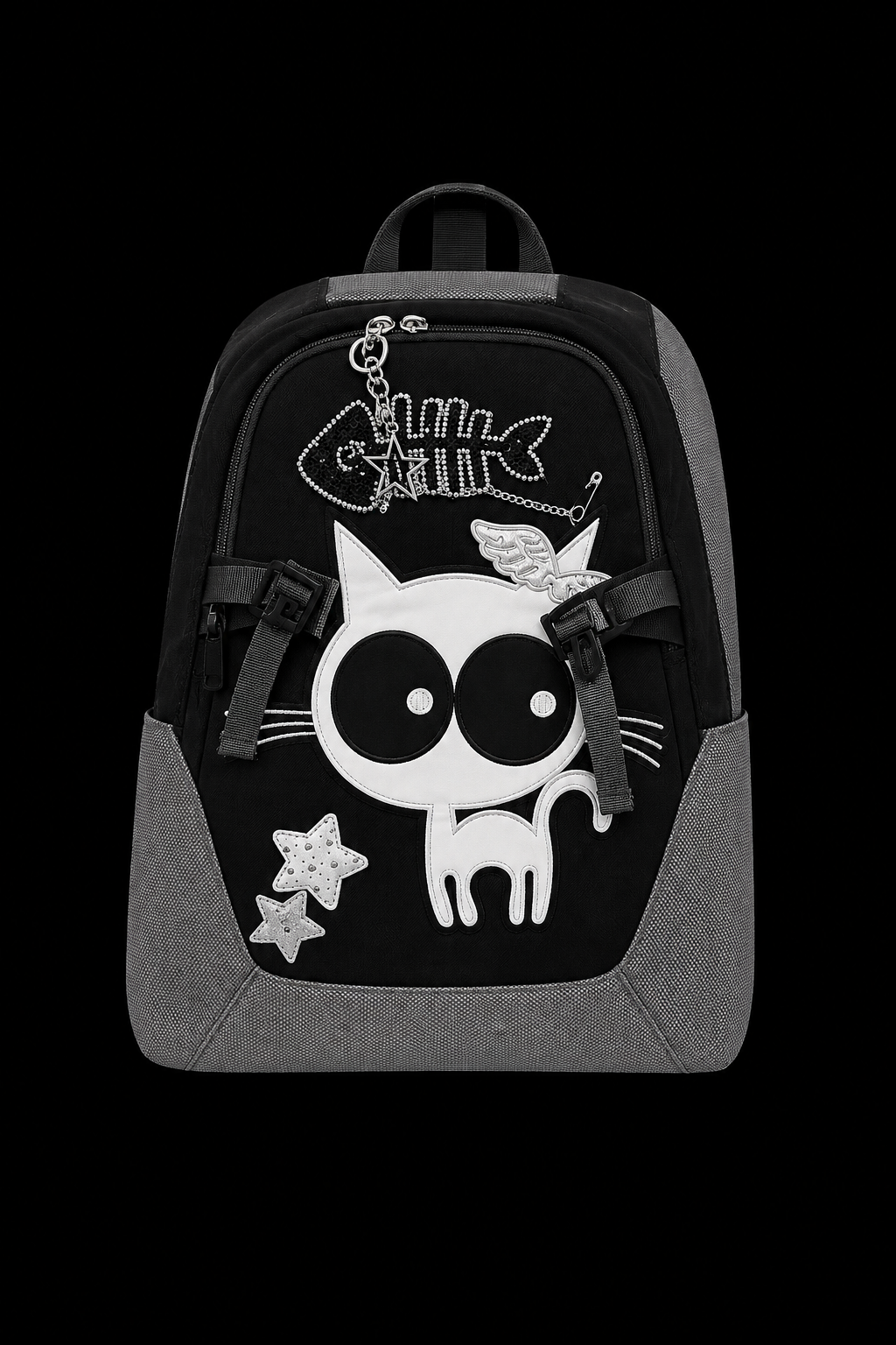 white cat grey and black bag