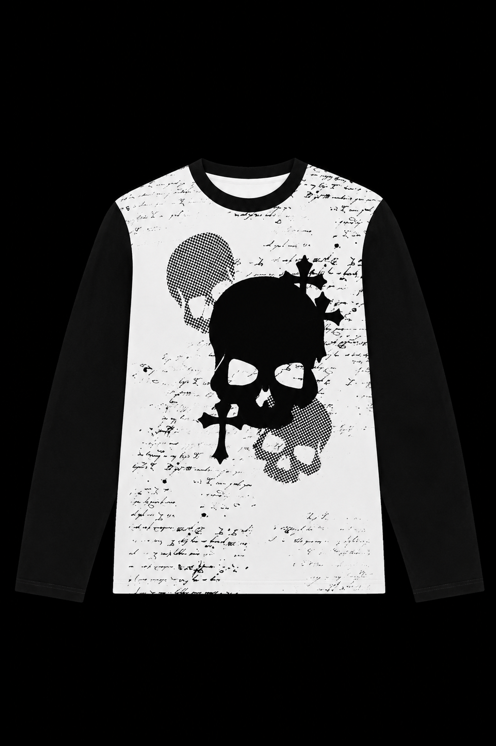 black sleeve and white skull shirt
